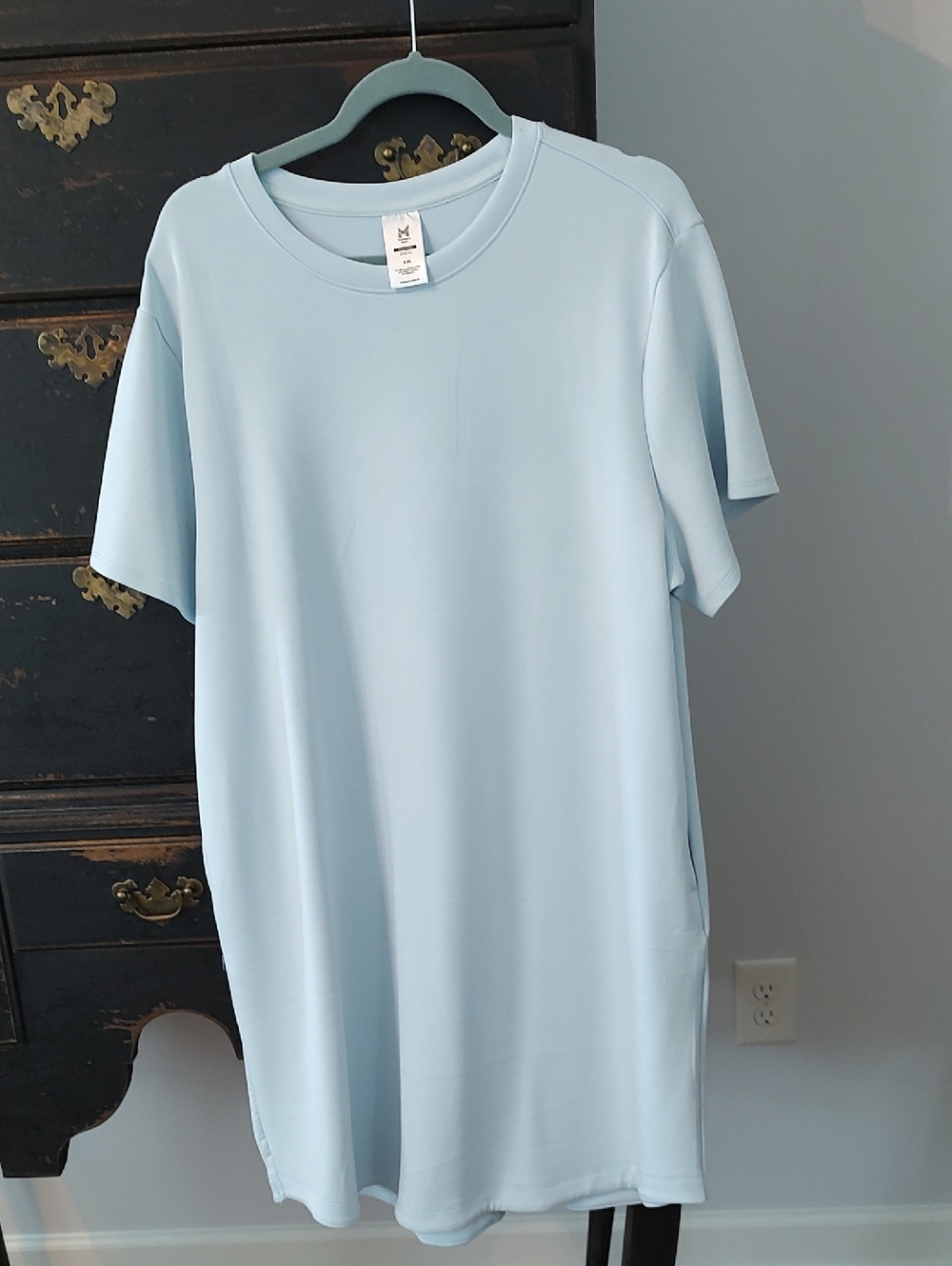 Light Blue Short Sleeve T-Shirt Dress with side pockets.